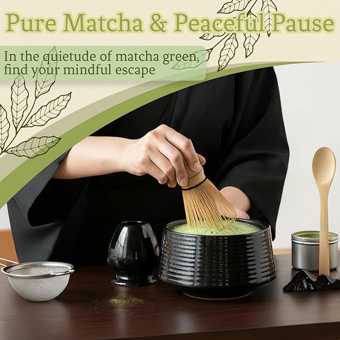 8 Pcs Matcha Whisk Set Chasen Matcha Whisk Bamboo Bowl with Spout Sifter Spoon Scoop Whisk Holder Bamboo Mat Complete Matcha Making Kit (Black)