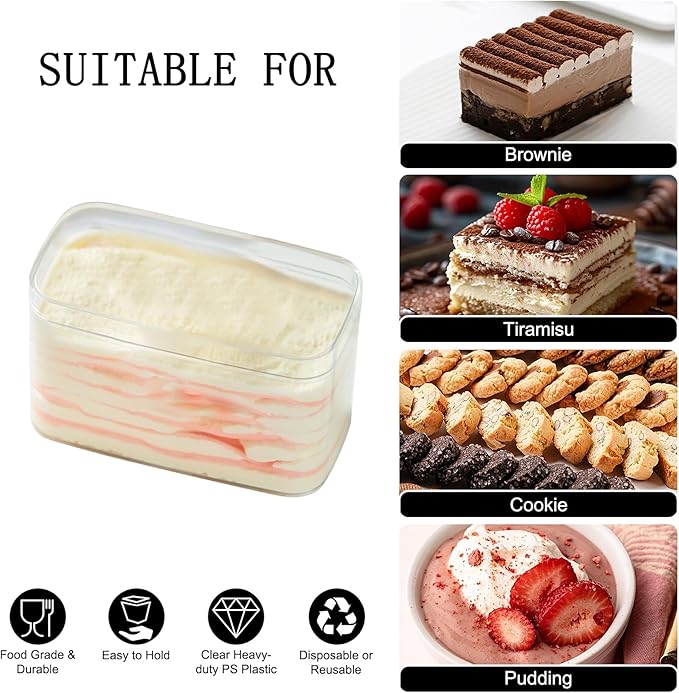 Plastic Rectangle Dessert Cups Boxes with Lids,Plastic clear packaging for baked,Cookie Tiramisu Containers for Fruit,Pudding,Mousse,Parfait Cups With Lids(20, Rect 4.6 * 2.4 * 2.7 IN-Boxes)