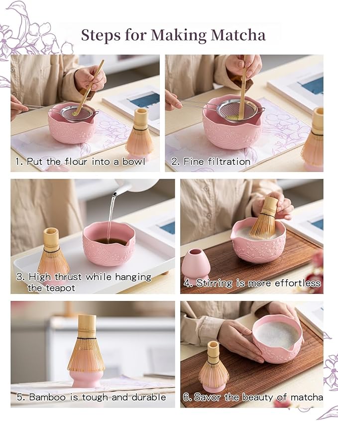 Matcha Whisk Set 9 Pcs – Matcha Bowl, Whisk, Sifter, Spoon, Gift Card ane Portable Carry Bag for Latte Travel,Gift for Matcha Lovers (Purple)