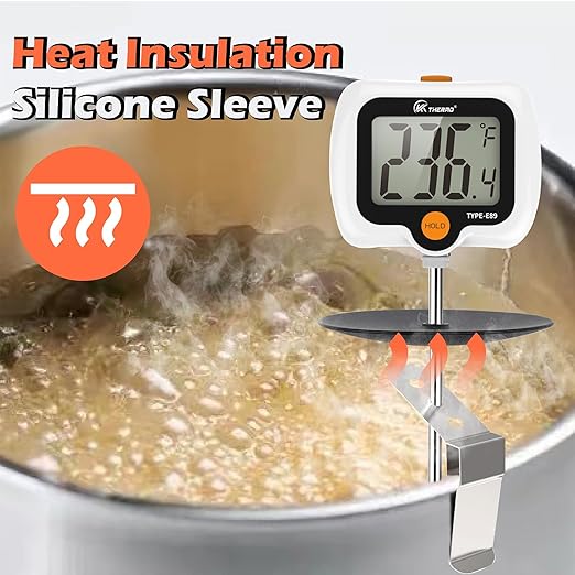 Digital Candy Thermometer with Adjustable Display, 304 Stainless Steel Probe, -58°F~572°F, Includes 2 Pot Clips & Heat-Insulating Pad for Sugar Syrup, Jam, Chocolate, Frying Oil (White)
