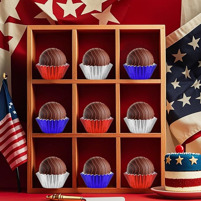AUGSUN 400pcs 4th of July Mini Foil Cupcake Liners Cupcake Red Blue Silver Mini Muffin Cupcake Wrappers for Patriotic Independence Day Holiday Birthday Veterans Party Cake Candy Chocolate Decorations