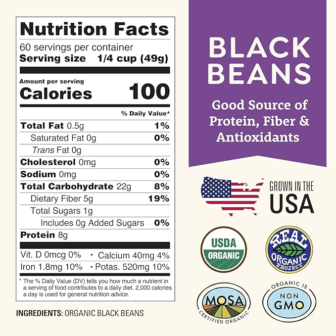 Organic Dried Black Beans 5 lb, Unsalted, Low-Sodium, Non-GMO, Farmed From Regenerative Soil, Tested Clean Certified – Rich in Fiber & Protein – Perfect for Soups, Burritos, Salads & Chili by Doudlah Farms