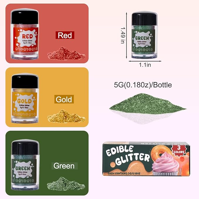 3 Colors Edible Drinks Glitter, Edible Luster Dust Set, Food Grade Sprinkles for Cake Decorating, Drinks, Wines, Cocktail, Candy, Cookie, Chocolate, Fondant, Vegan (Green Red Gold, 5g/Bottle)