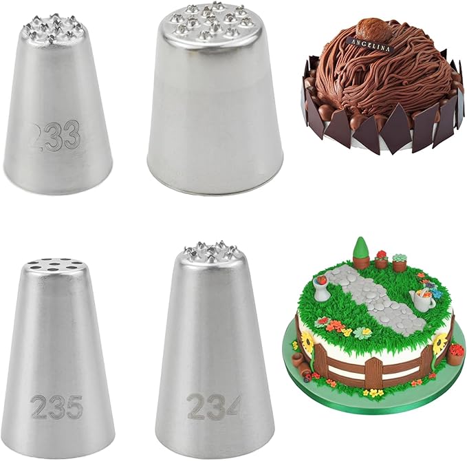 4 PACK Grass Icing Nozzles Set, Grass Cream Icing Piping Nozzles Tips Set, Stainless Steel Pastry Tools for Cake Cookies Decorating, DIY Baking Tools