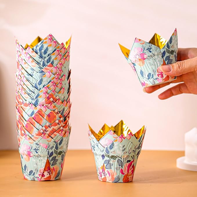 Flower Tulip Cupcake Liners Wrappers Baking Cups Cupcake 100 Pcs Food Grade Gold Foil Green Floral Design for Bridal Shower Wedding Festival Party