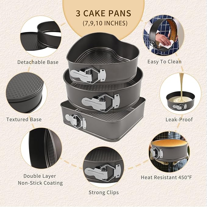 Springform Cake Pans Set 8, 9,10 Inch Heart Pan Round Cake Pan Square Baking Nonstick Cheesecake Pans Springform Pans with 100 Pcs Piping Bags, 16 Pcs Nozzles, 3 Pcs Scrappers
