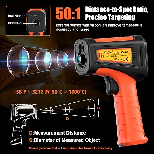 50:1-58°F ~3272°F FKM Infrared Thermometer High Temperature Gun,Non Contact Digital IR Temp Gun,High Precision Laser Thermometer Gun for Cooking,Kilns,Forges,Engine,HVAC,Industrial and Home Repair