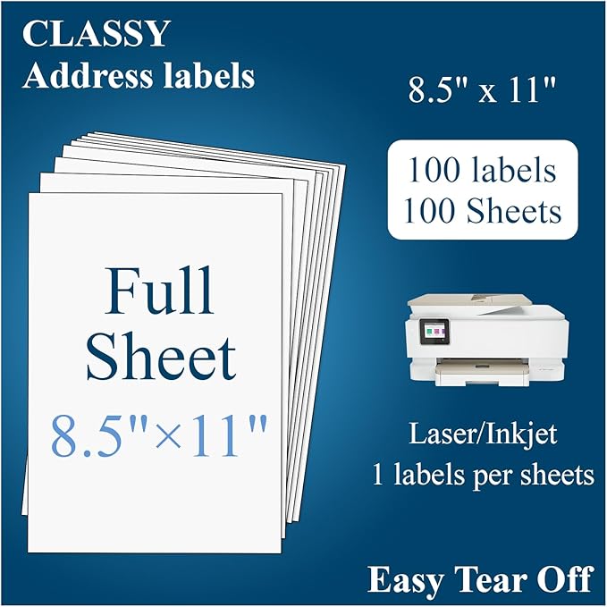Sticker Paper, Full Sheet Shipping Labels 8.5 x 11, Self Adhesive Full Sheet Mailing Label for Laser and Inkjet Printers-100 Sheets,100 Labels