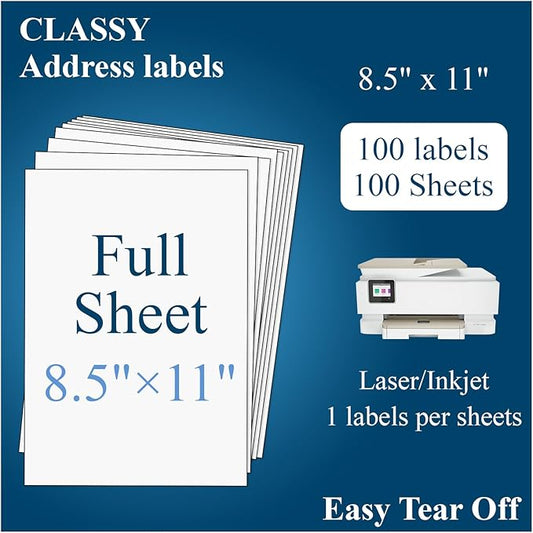 Sticker Paper, Full Sheet Shipping Labels 8.5 x 11, Self Adhesive Full Sheet Mailing Label for Laser and Inkjet Printers-100 Sheets,100 Labels