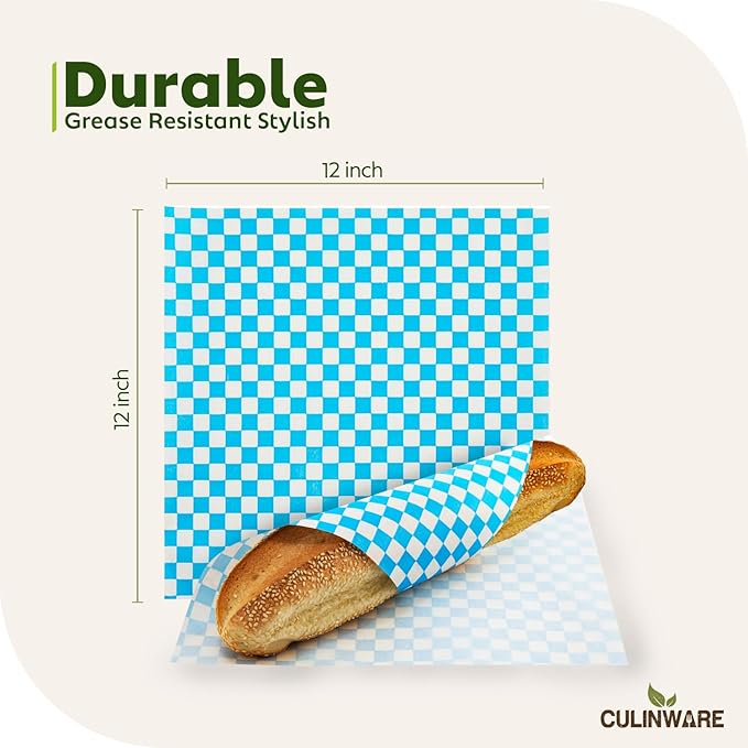Culiware Deli Paper Sheets, 12x12 inch, 1000pcs - Classic Checkered Wax Sheet, Precut Food Basket Liners, Grease-Resistant Wrapping Paper for Sandwich Bread Burritos (Blue and White)