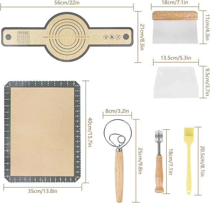 Bread Making Tools Set of 7, Including Silicone Pastry Mat, Round Baking Mat, Sourdough Danish Dough Whisk, Bread Lame Dough Scoring, Bread Scraper Dough Cutter, Perfect Gifts for Baker