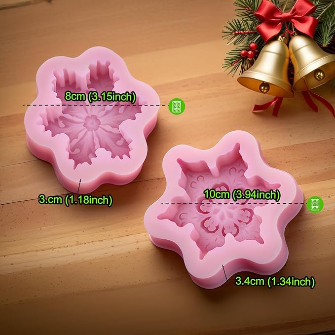 Snowflake Silicone Molds Christmas Snowflake Soap Molds Snowflakes Candle Mold 3D Christmas Silicone Chocolate Mold for Making Soaps Candles Bath Bomb Cookie Cake Candy Chocolate Muffins Ice(2 Pink)