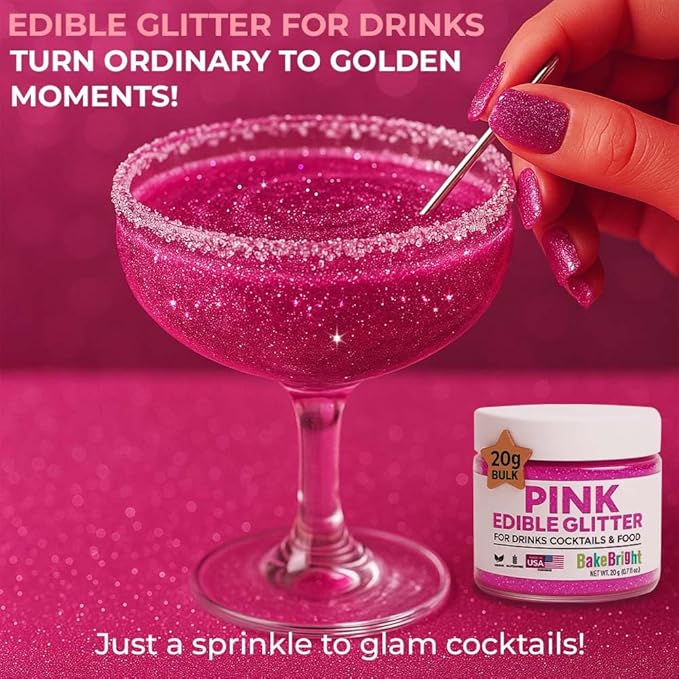 Bulk (20g) Pink Edible Glitter for Drinks | Premium Pink Edible Glitter for Cakes Drink - Shimmer Glitters Cake Decorations for Strawberries Cocktail Shimmering