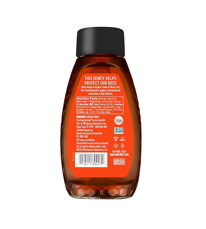 Wholesome Sweeteners 24-Ounce Organic Honey Bottle, 100% Pure, Fair Trade Certified, Non GMO Project Verified & Gluten Free, 1 Pack