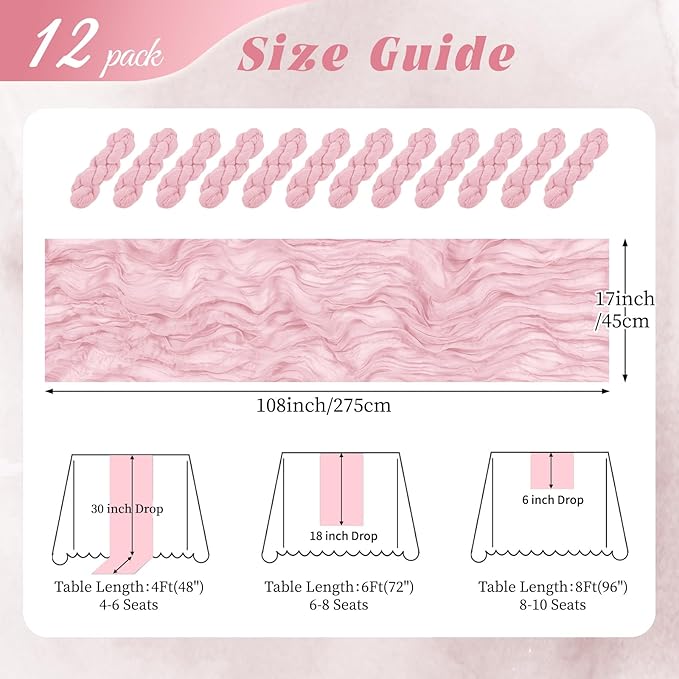 12 Pack Light Pink Cheesecloth Table Runner 17x108 Inch Semi Sheer Boho Gauze Cheese Cloth Fabric Table Runners, for Wedding Party Baby Shower Birthday Home Decor Garden Farmhouse