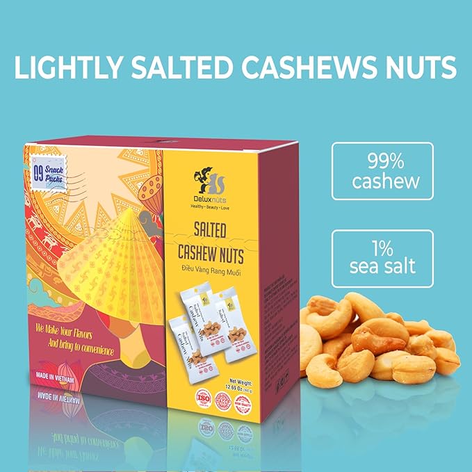 DELUXNUTS Roasted Lightly Salted Cashews (9 Packs), Whole Cashew Nuts, Individual Packs, Healthy Snack for Kids & Adults, Good Source of Protein, Gluten-Free