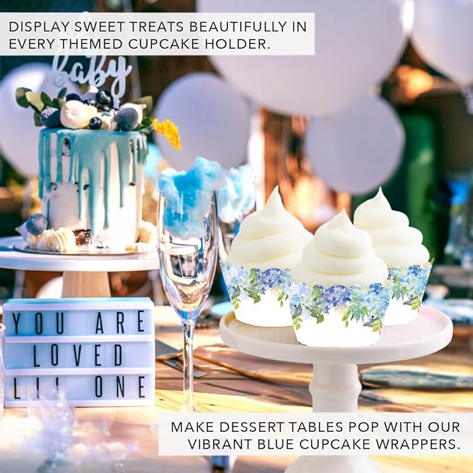 Andaz Press Party Cupcake Wrapper Decorations, Baby Blue Hydrangeas on White, 24-Pack, For Girls 1st Birthday Baby Bridal Shower Tea Party Themed Decorations