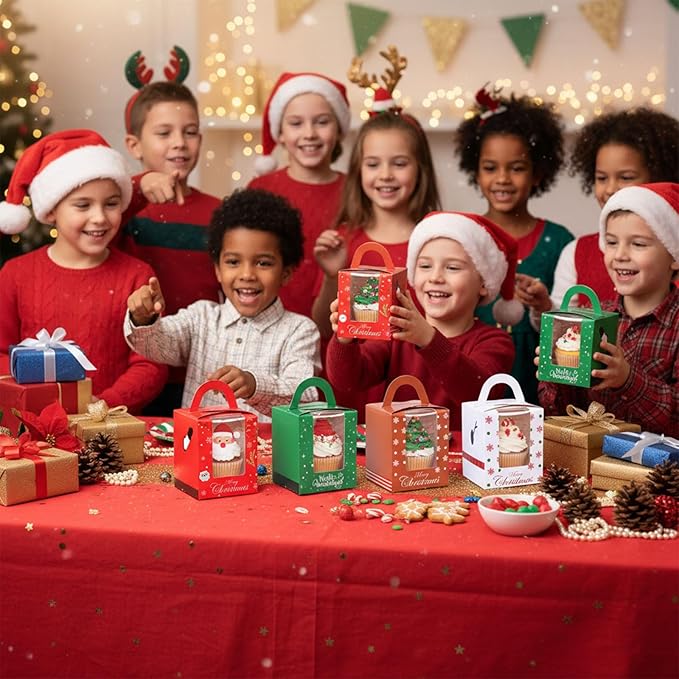 20PCS Colorful Christmas Cupcake Boxes, Cookie Boxes with Window for Party Favors Pastries Donuts Family Friends 3.7"x 3.7"x 4.3"
