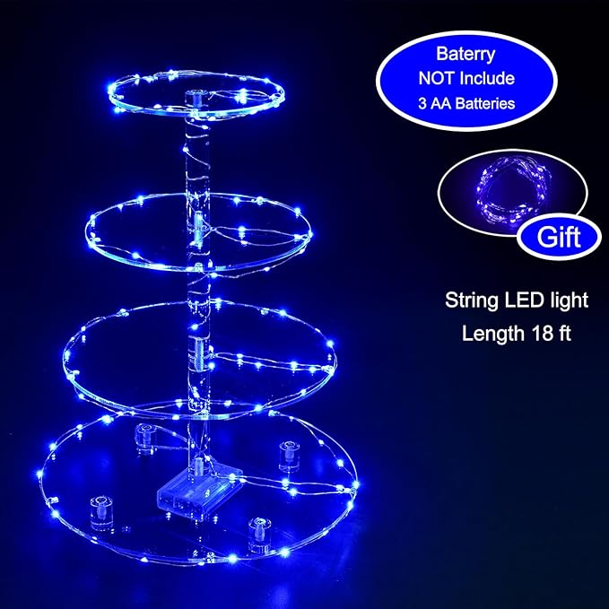 Cupcake Stand, 4-Tier Round Cupcake Holder with LED light String, Acrylic Cupcake Tower Display for Wedding, Birthday party etc.（Blue Light）