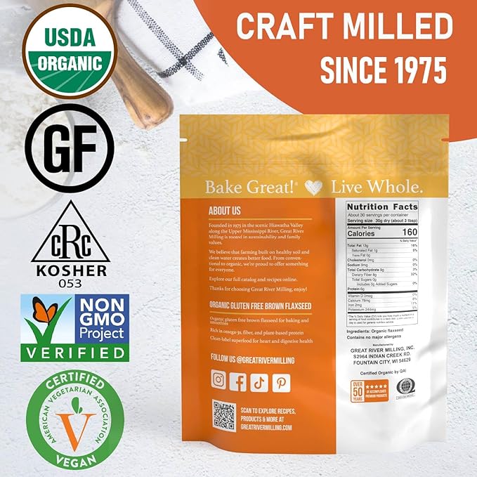 Great River Milling Organic Whole Grain Brown Flaxseed | High-Fiber, Omega-3 Rich Superfood | Gluten Free, Non-GMO, Kosher, USDA Organic | Ideal for Baking, Smoothies & Home Milling | 2 Lb
