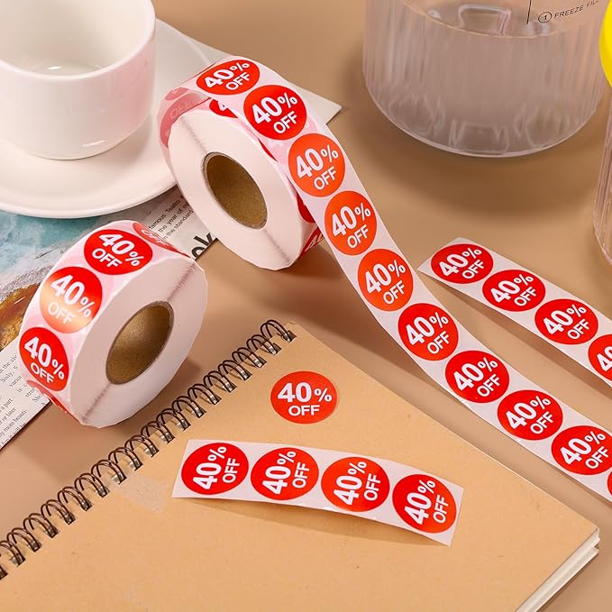 2 Rolls 40% Discount Stickers, 1 Inch Percent Off Promotion Labels Round Price Markers Reduced Percentage Tags Sale Signs for Retail Stores Supermarkets Shops Garage (Red)