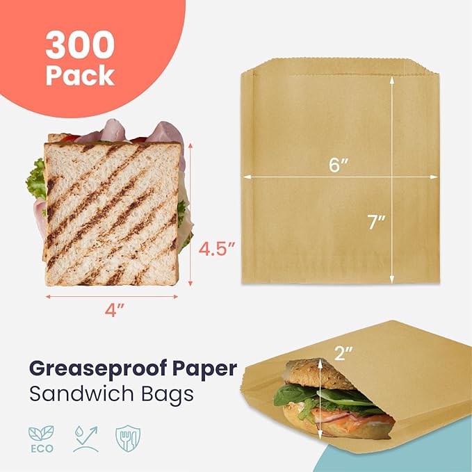 Fit Meal Prep 300 Pack Sandwich Bags 7 x 6", Greaseproof Snack Bags, Unbleached Pastry Bag, Recyclable Small Brown Paper Bags, Cookie Sleeves, Food Packing for Bakery, Donuts