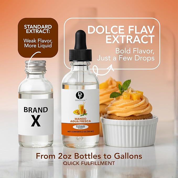 Dolce Flav Natural Mango Agua Fresca Extract, Water-Soluble – 2 oz | Tropical Ripe Mango Flavoring for Beverages, Desserts & Syrups – Sugar-Free, Kosher, Allergen-Free