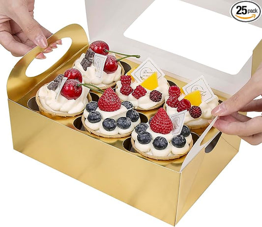 25 PCS Cupcake Boxes, Gold Cupcake Boxes 6 Count with Window and Inserts, Cupcake Holders for Cupcakes, Muffins, Cookies, Pastries