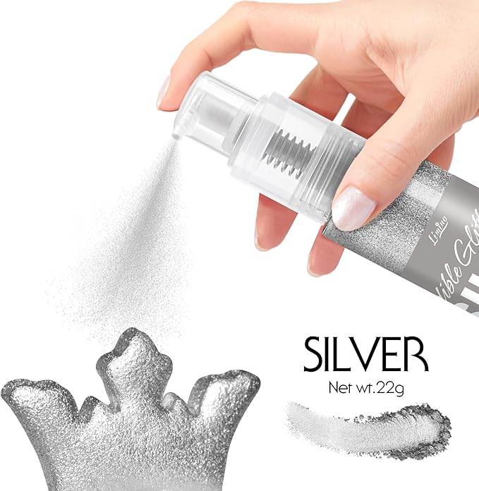 Edible Glitter Spray - 22g Edible Luster Dust Metallic Food Grade Glitter for Drinks, Cake Decorating, Baking - Edible Food Coloring Powder Shimmer Glitter for Cocktail, Icing, Candy (Silver)