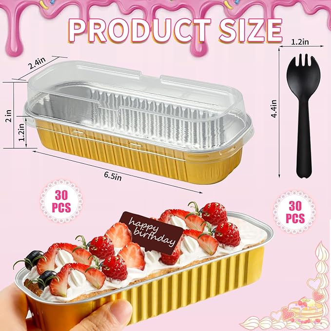 60Pcs Mini Loaf Pans with Lids and Spoons, Aluminum Foil Baking Pans, Rectangle Mini Cake Pan, Brownie Baking Cups for Picnics Party (Gold)