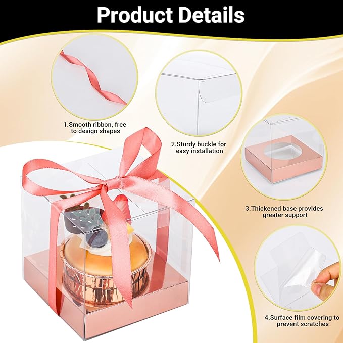 EUSOAR Individual Cupcake Containers, 12pcs 3.5 Inch Plastic Cake Containers with Lids, Single Transparent Display Cupcake Carrier with Ribbon and Inserts for Wedding Party Favor-Rose Gold