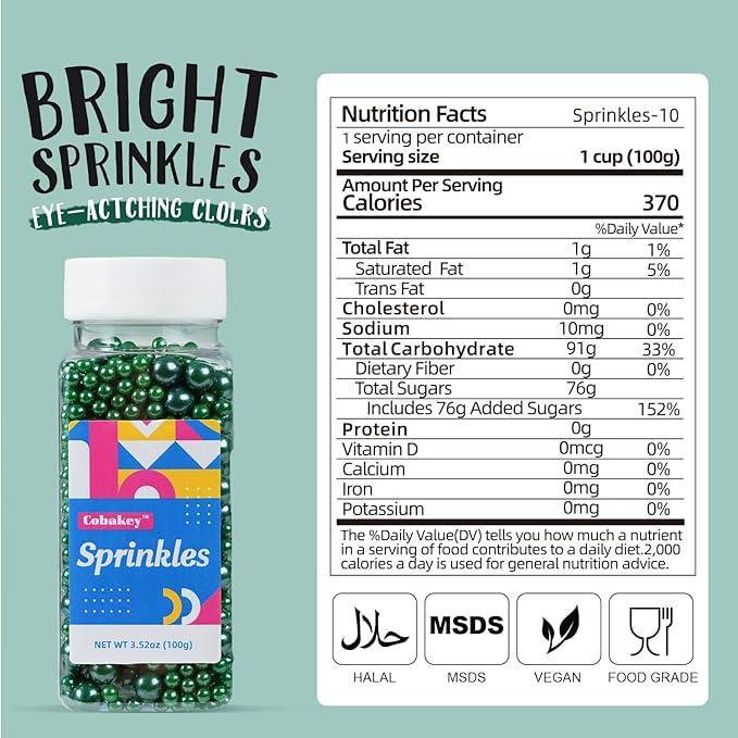 Green Sprinkles for Cake Decorating, 100g/3.5oz Edible Christmas Green Pearl Sprinkles Mix, Sugar Candy Pearls for Baking, Cookie Decorations and Cupcake Toppings, Wedding Party Holiday Supplies