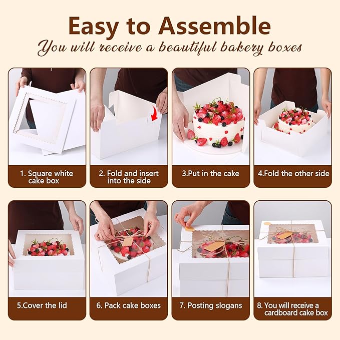 NEOACT 12x12x6 Bulk 4 Pcs Cake Boxes 12 Inch Square Cake Boxes with Window, Cake Containers with Lids, Disposable Bakery Boxes for Valentine's Day,Easter, Mother's Day, Cookies, Large Pastries