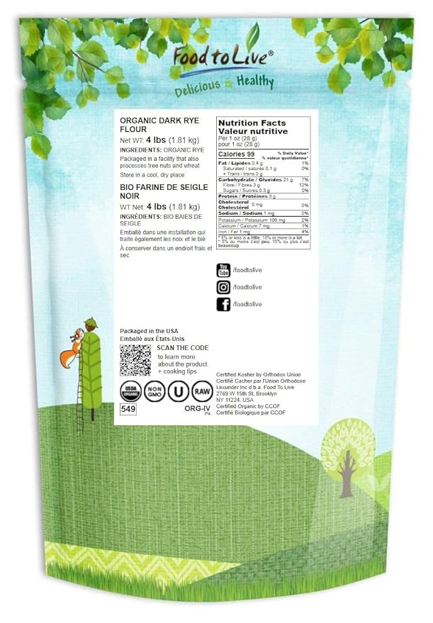 Food to Live Organic Dark Rye Flour, 4 Pounds – Whole Grain, Non-GMO, Stone Ground, Kosher, Raw, Vegan, Bulk, Great for Baking Bread, Product of the USA