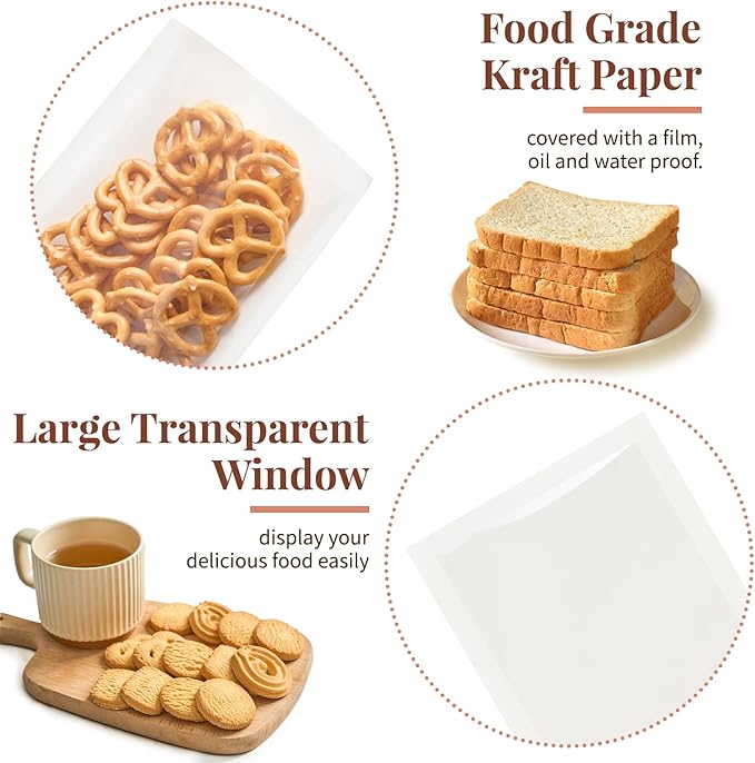 200 Pack Heat-Sealable Cookie Bags with Window, 5.1 x 7.5 Inches Small Clear Front To Go Bakery Bags, Grease Resistant Kraft Paper Treat Sleeves for Packaging Snack Donut Pastry (White)