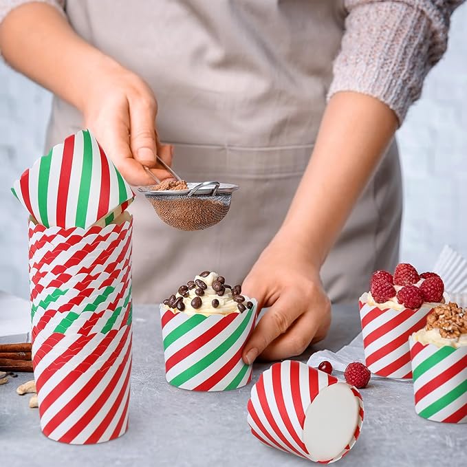 100 Pcs Christmas Cupcake Liners Bulk Red Green Baking Paper Cup Xmas Muffin Wrappers Striped Candy Pattern Baking Cup for Christmas Birthday Decoration, 2.8" x 2.4" x 2.2"