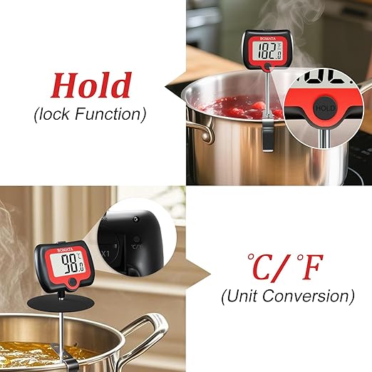 BOMATA Digital Candy Thermometer with Pot Clip, Deep Fry Oil Thermometer with Rotatable Display & Long Probe, for Candy Candle Making, Cooking, Food, Liquids, Water, Sugar.. Black