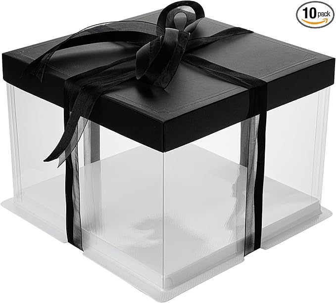Sweet Vision Square Clear Plastic Cake Box - Black Lid and White Base, Black Ribbon - 8 1/2" x 8 1/2" x 6 3/4" - 10 count box