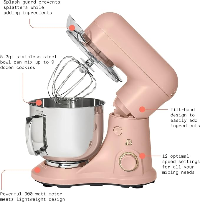 Beautiful 5.3 QT Stand Mixer w/Tilt-Head Design, Stainless Bowl, 300-Watt Power, 12-Speed Control, Includes Beater, Dough Hook, Whisk, Splash Shield (Rose)