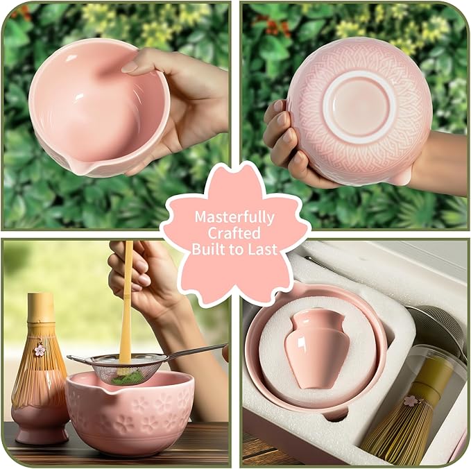 7 Pcs Matcha Whisk Set, Ceramic Matcha Set Includes Matcha Bowl, Matcha Whisk and Holder, Bamboo Scoop, Scoop Rest, Sifter and Tea Towel With home, tea house, office, etc (Pink)