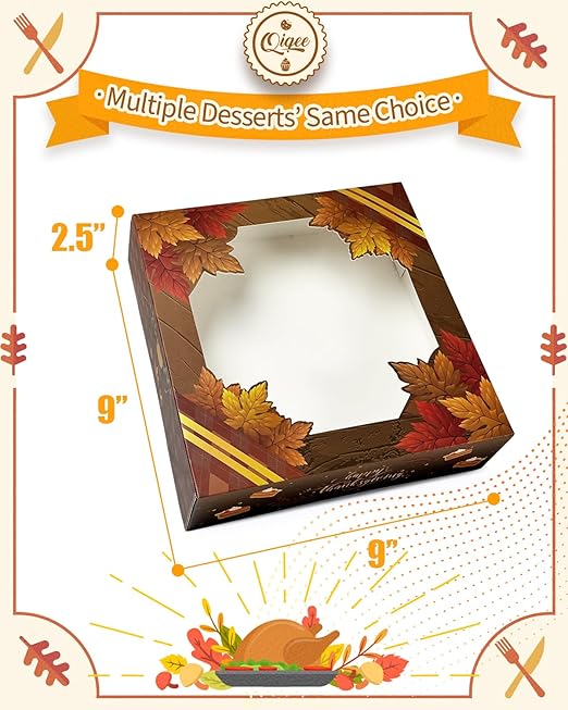 qiqee Thanksgiving Cookie Boxes with Window Fall Treat Box 30packs 9x9x2.5 Inch Bakery Box Pastry Box for Thanksgiving Day