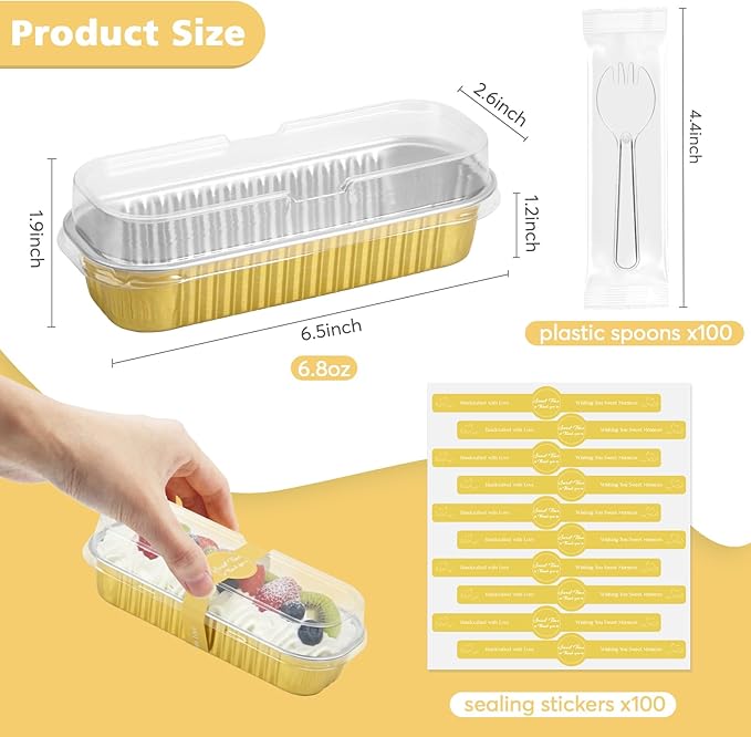 Ruckae 100 Pack Mini Loaf Pans with Lids and Spoons Disposable Aluminum Tin Foil Pans Rectangle Mini Loaf Cake Pan for Baking,Party,Picnics,Gifts (Gold)