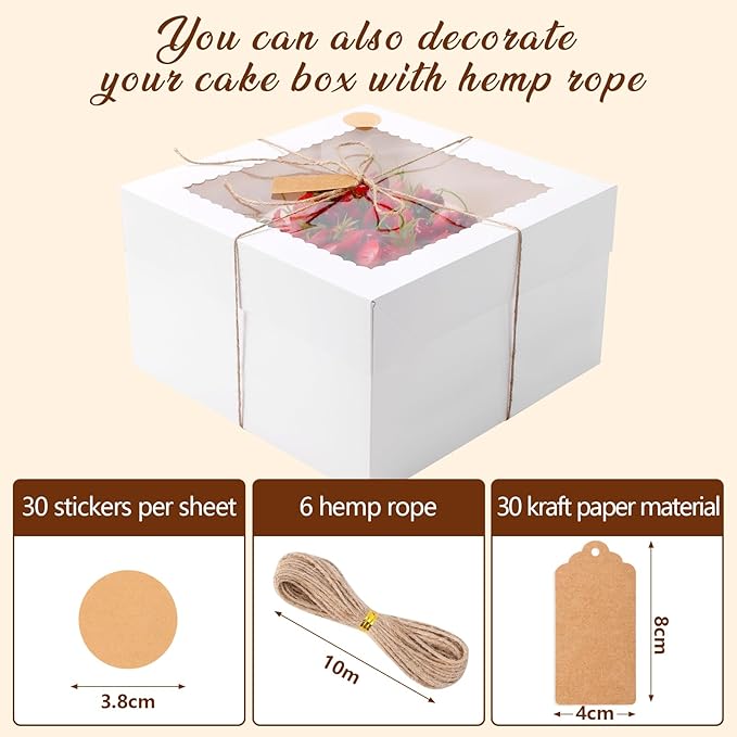 NEOACT 30 Pcs Cake Boxes, 12x12x8 Inch White Bakery Boxes with Window Cake Containers 12 Inch large Cake box for Birthday Party, Wedding,Tall Dessert Cardboard Boxes