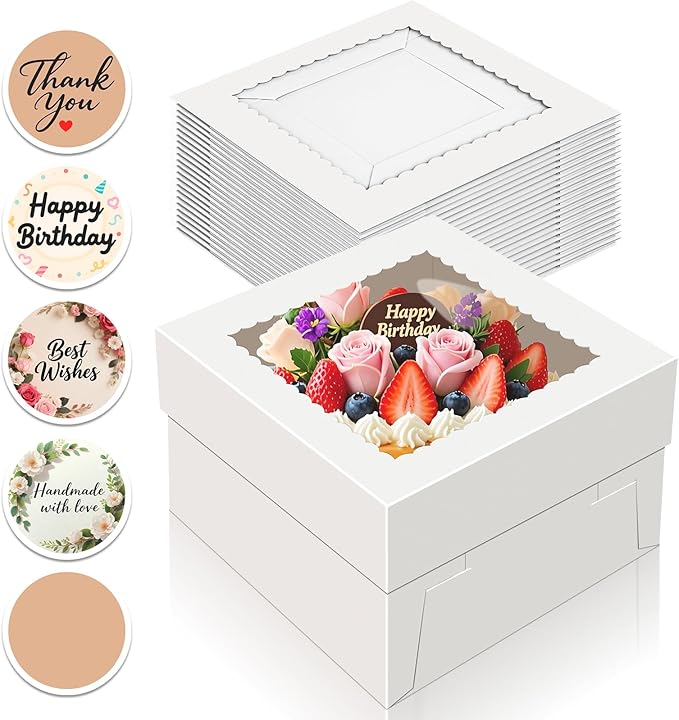 15 PCS Cake Boxes 8 Inch, 8x8x5 Inch Cake Box, 8 Inch Cake Box with Window, White Bakery Boxes, Large Baking Boxes, Cajas Para Pasteles, 8x8 Cake Boxes for Birthday, Wedding, Party, Business