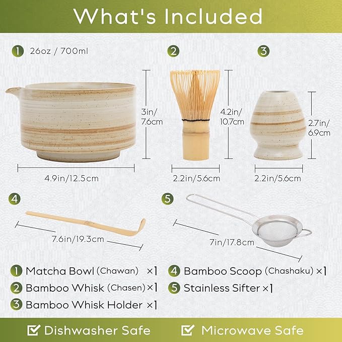 HIBINO Japanese Matcha Set | Matcha Bowl with Spout | Whisk & Holder | Bamboo Scoop & Stainless Sifter | 5-Piece Traditional Matcha Kit | Designed in Japan |「Rustic Beige」