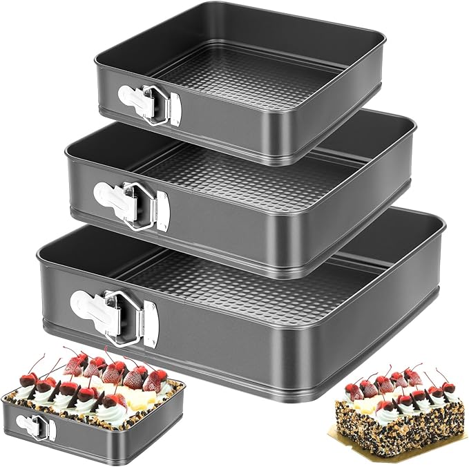 Springform Pan Set, 3-Piece Square Springform Cake Pans (9.45/10.2/11 Inch) - Nonstick Spring Pans for Baking Cheesecake, Carbon Steel Gray Bakeware