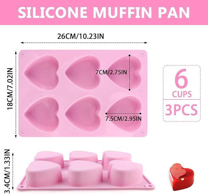 3-Pack 6-Cup Silicone Muffin Pans, Nonstick Cupcake Baking Molds, BPA/PFA-Free, Dishwasher & Oven Safe Heart-shaped Pink