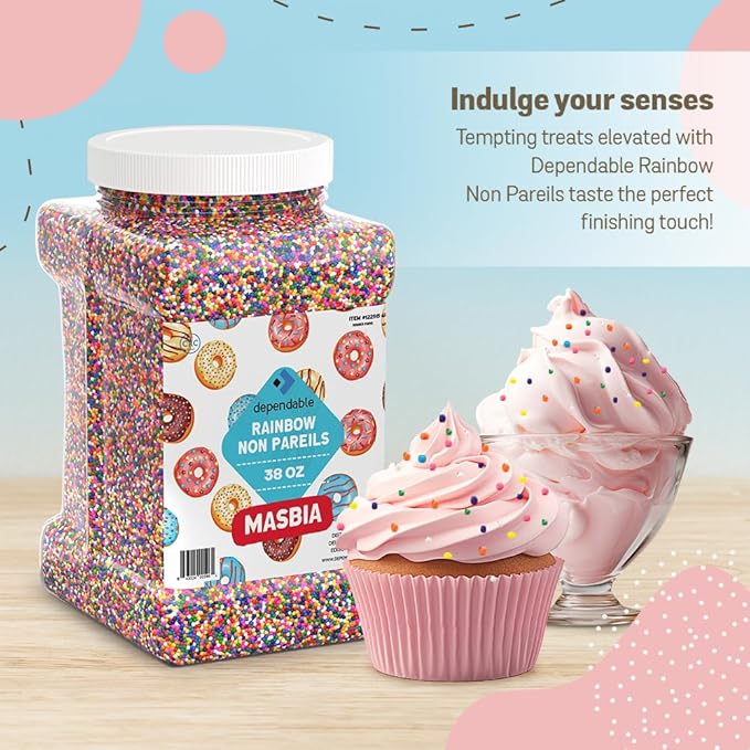 Dependable Food Rainbow Nonpareils – 38 Oz. Bulk Container - Gluten-Free, Kosher, Colorful Ball Sprinkles for Decorating, Cupcakes & More - Resealable Jar