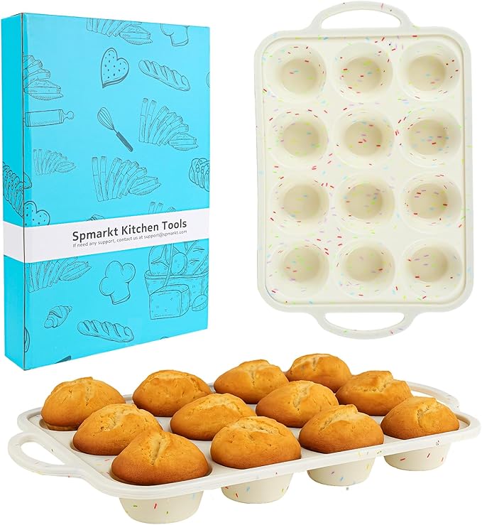 2-Pack 12-Cup Silicone Cupcake Pan, Nonstick Flexible Muffin Pan, Dishwasher Safe Muffin Tray with Handles, Seamless Silicone Muffin Tin for Baking Egg Bites & Cupcakes