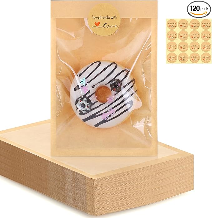 120 Pack Cookie Bags with Seal, 5.1x7.5 Inch Cookie Packaging Bags, Bakery Bag with Window, Heat Sealable Grease Resistant Bag for Donuts Sandwich Christmas Thanksgiving Harvest Party